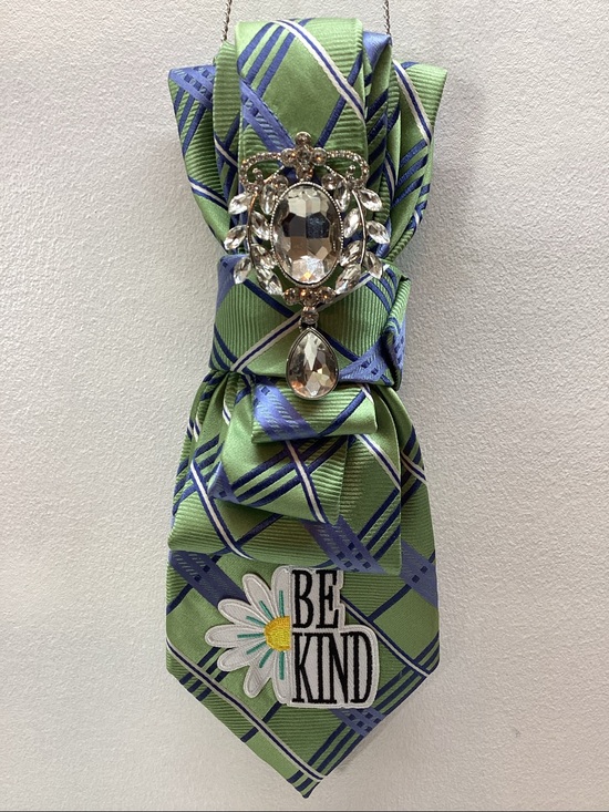 Upcycled Accessories - Positive Junkie Tie: “Be Kind” Patch with Elegant Rhinestone Brooch